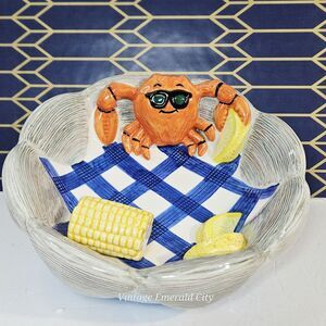 Vtg Lotus Crab Boil Serving Lobster Bowl Kitsch Ceramic Seafood Picnic Corn 3D